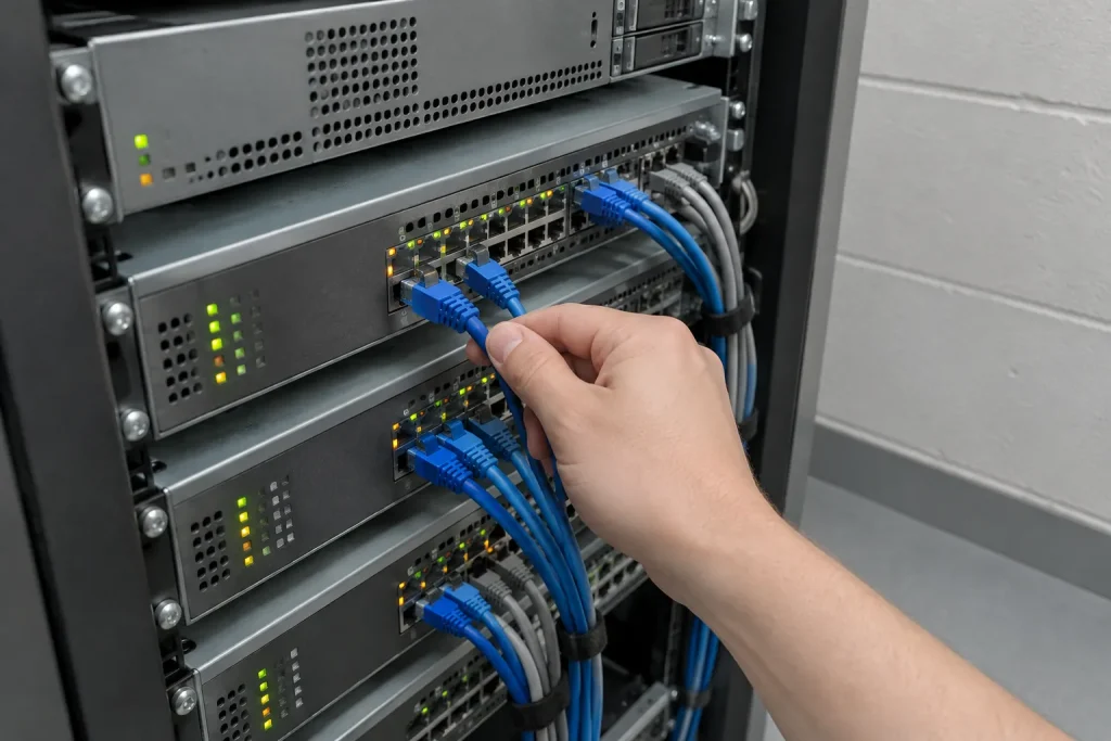 Hand kopplar in en nätverkskabel i en server, serverrum för Bästa billiga webbhotell 2026