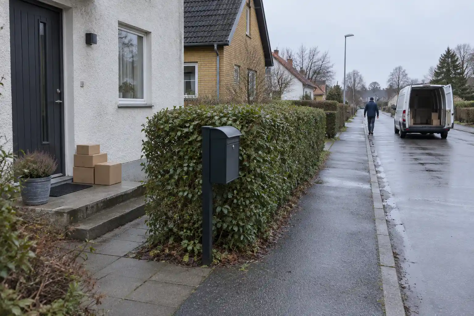 Paket på en trappa och ett bud på väg bort, till artikeln Så avslöjar du bluffbutikerna på nätet