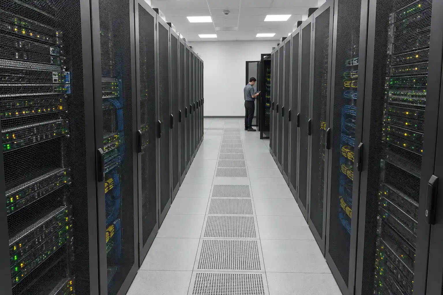 Serverrum med svarta racks och en tekniker, bild till Bästa billiga webbhotell 2026